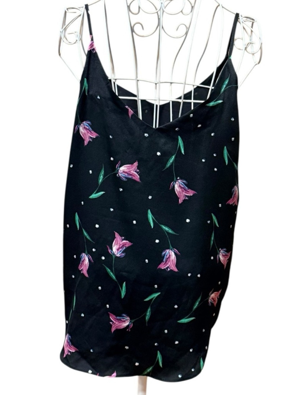 T Tahari Black Tulip Floral Print Cami Spaghetti Strap V-Neck Satin S - Picture 4 of 7